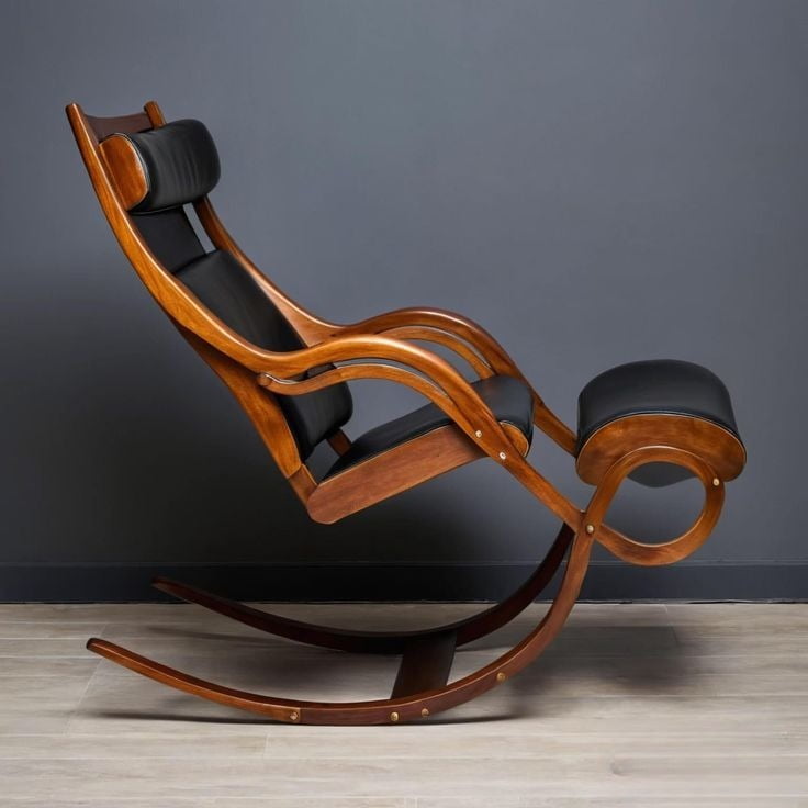 تصویر 1 از صندلی چوبی گهواره ای پایه منحنی با طراحی راحتی بالا